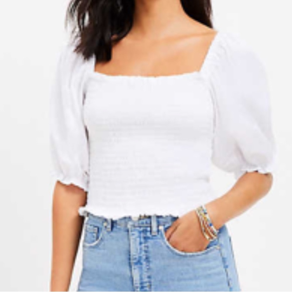 White Puff Sleeve Smocked Top LOFT sz M NWT Beach, Cruise